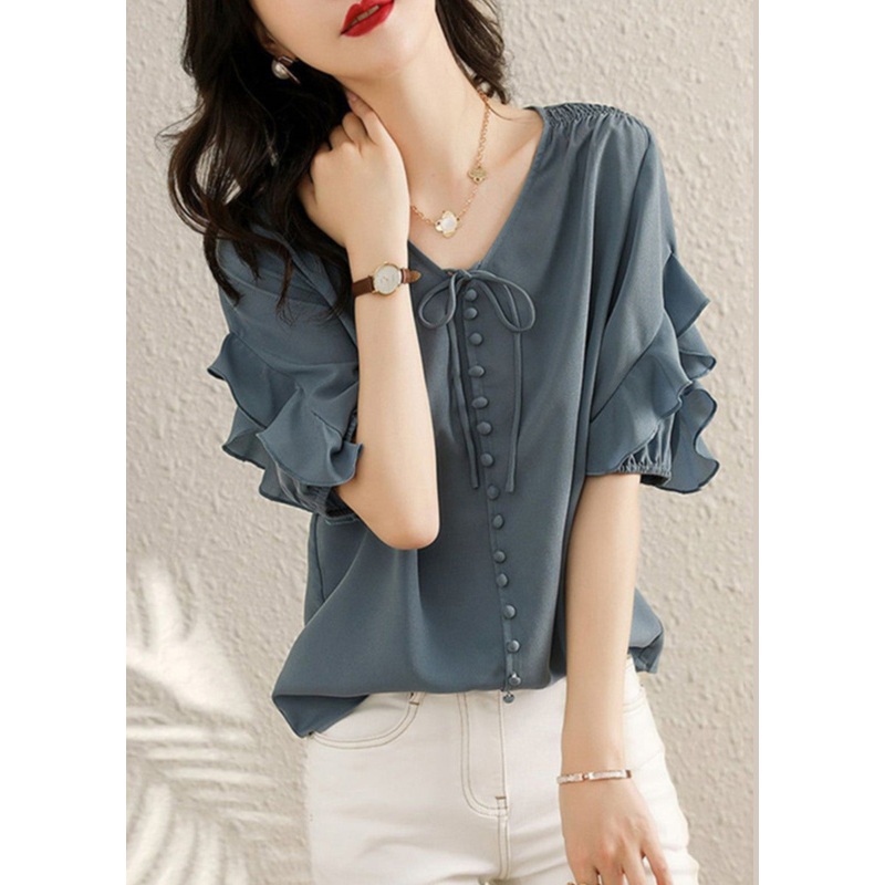 Fine Blue V Neck Ruffled Patchwork Chiffon Shirts Summer