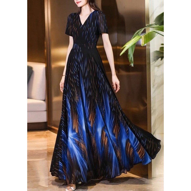 Fitted Black Blue V Neck Print Chiffon Maxi Dresses Summer