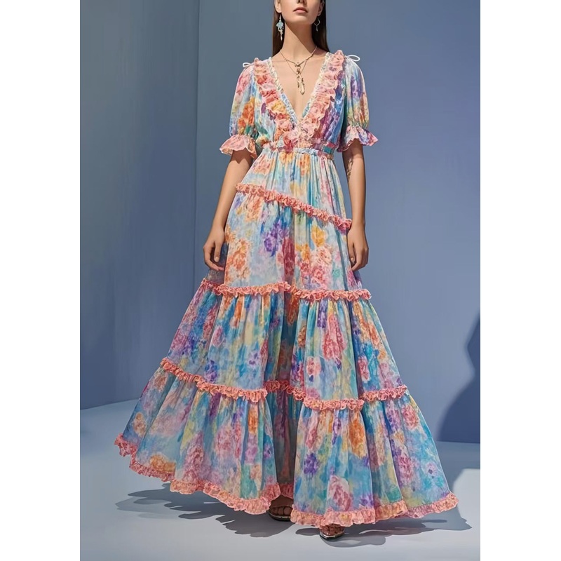 Flower Print Chiffon Party Dress Ruffled Exra Large Hem Summer
