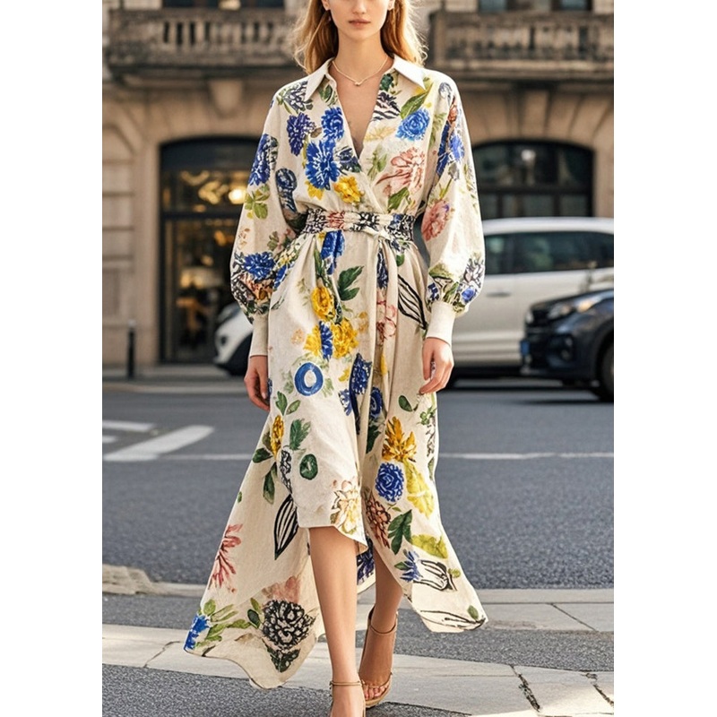 French Apricot Tie Waist Print Cotton Maxi Dress Spring