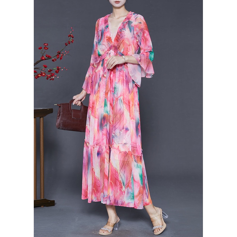 French Pink Ruffled Print Chiffon Party Dress Flare Sleeve