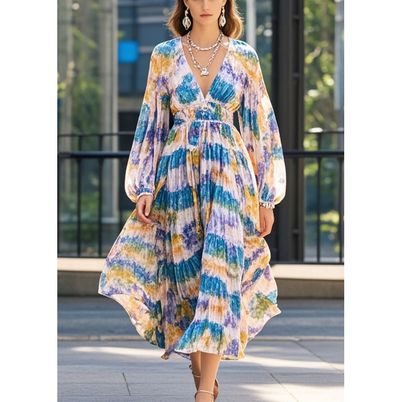 French V Neck Print Chiffon Holiday Dresses Spring
