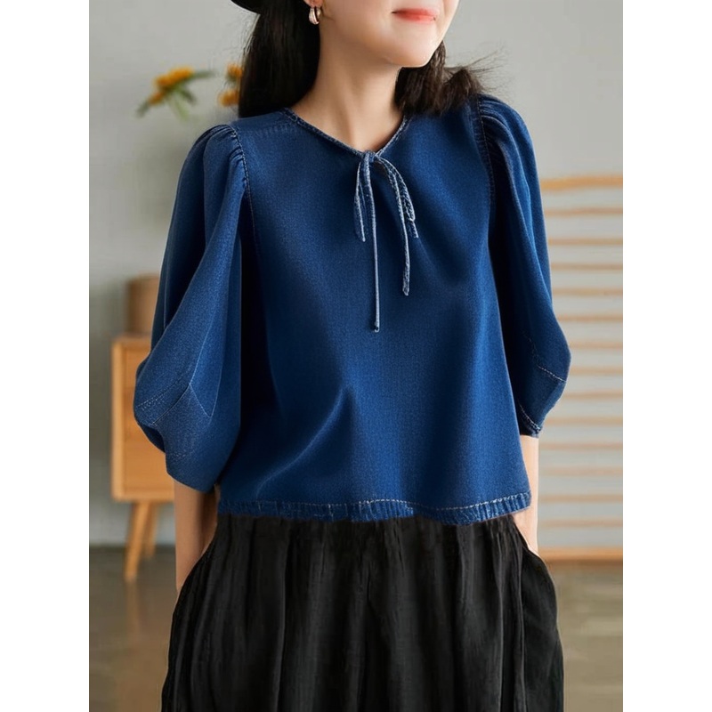 Grace Denim Blue Patchwork Tie Lace Tops Summer