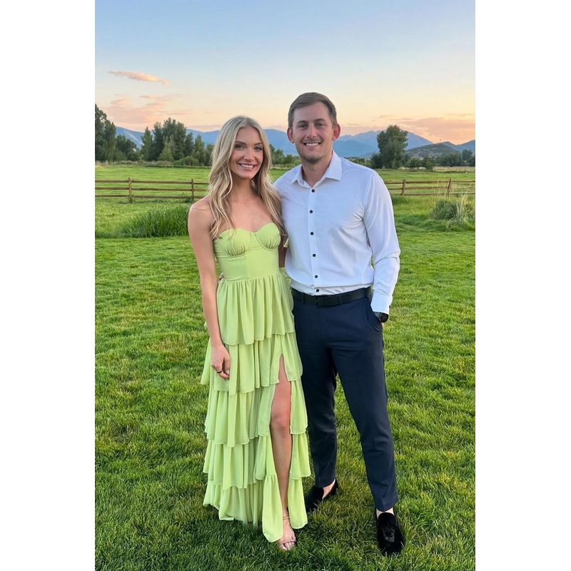 Green Chiffon Tiered Maxi Dress Slit Formal Dress J5682