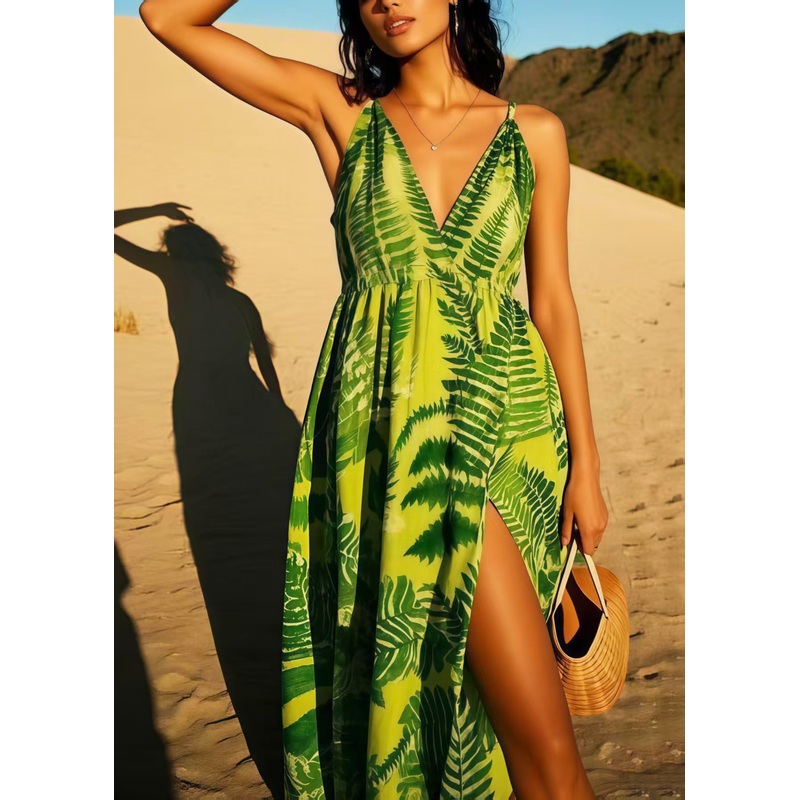 Green Print Cotton Cami Dresses Side Open Summer
