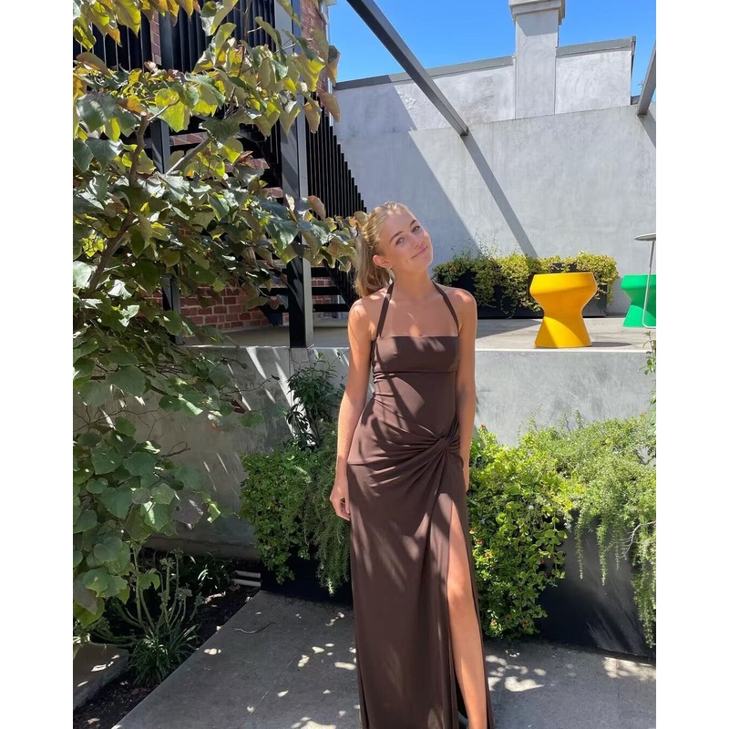 Halter Brown Long Prom Dresses With Slit J2810