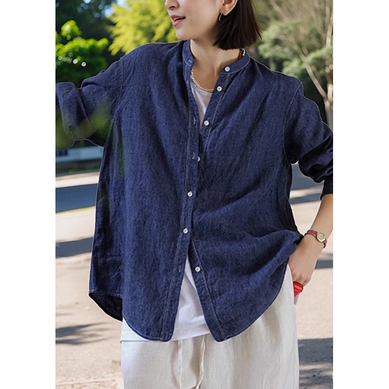 Handmade Navy O-Neck Patchwork Button Coats Spring