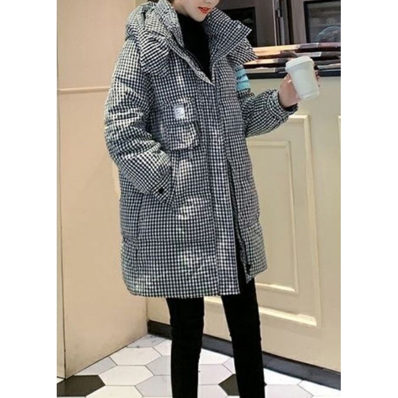 Italian Black White Plaid Hooded Pockets Duck Down Puffer Coay Winter