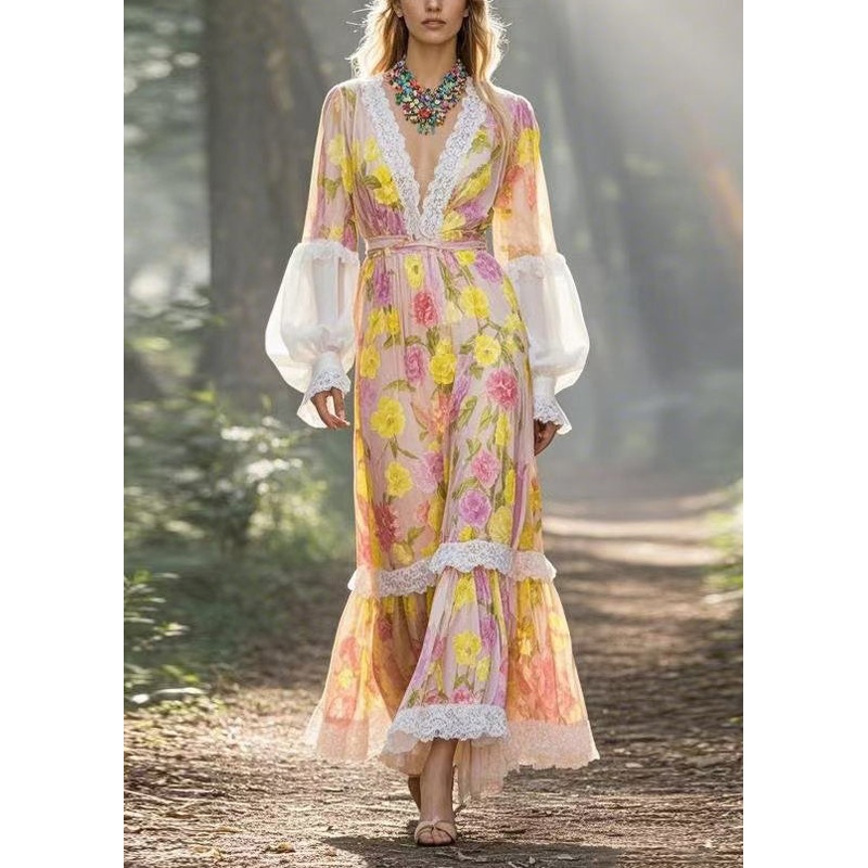 Italian V Neck Print Lace Patchwork Chiffon Vacation Dresses Spring