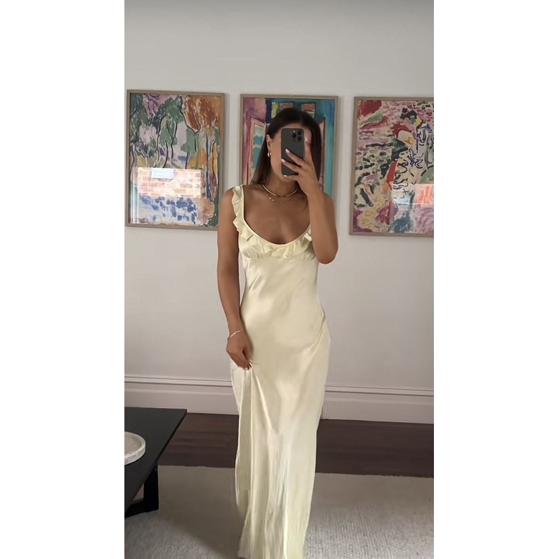Light Yellow Satin Long Prom Dress Ruffle Formal Dress J6035