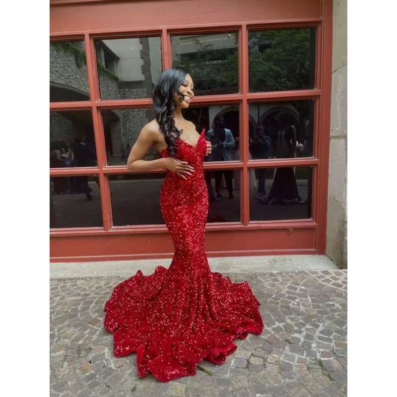 Long Red Prom Dresses Glitter Sequin Mermaid Evening Dress J3763