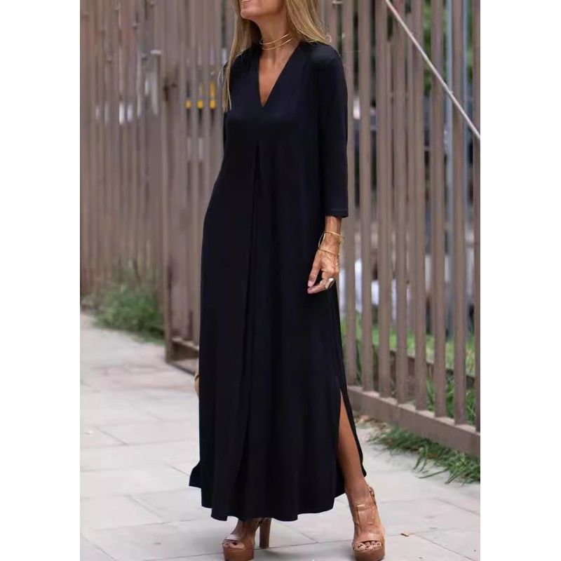 Loose Black V Neck Side Open Cotton Long Dress Bracelet Sleeve