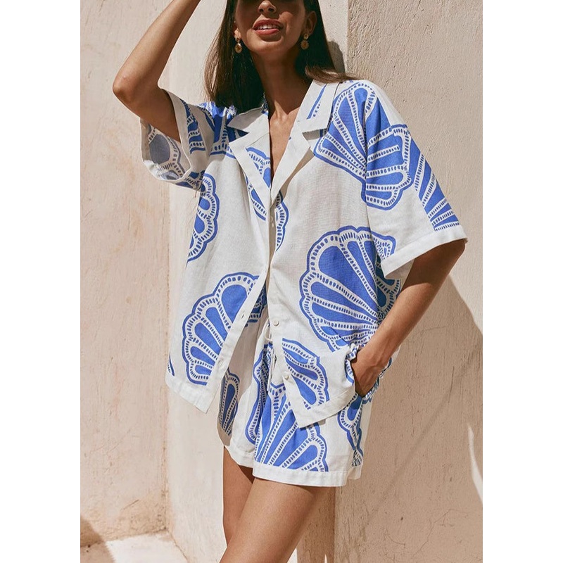 Loose Blue Print Tops And Shorts Two-Piece Set Summer
