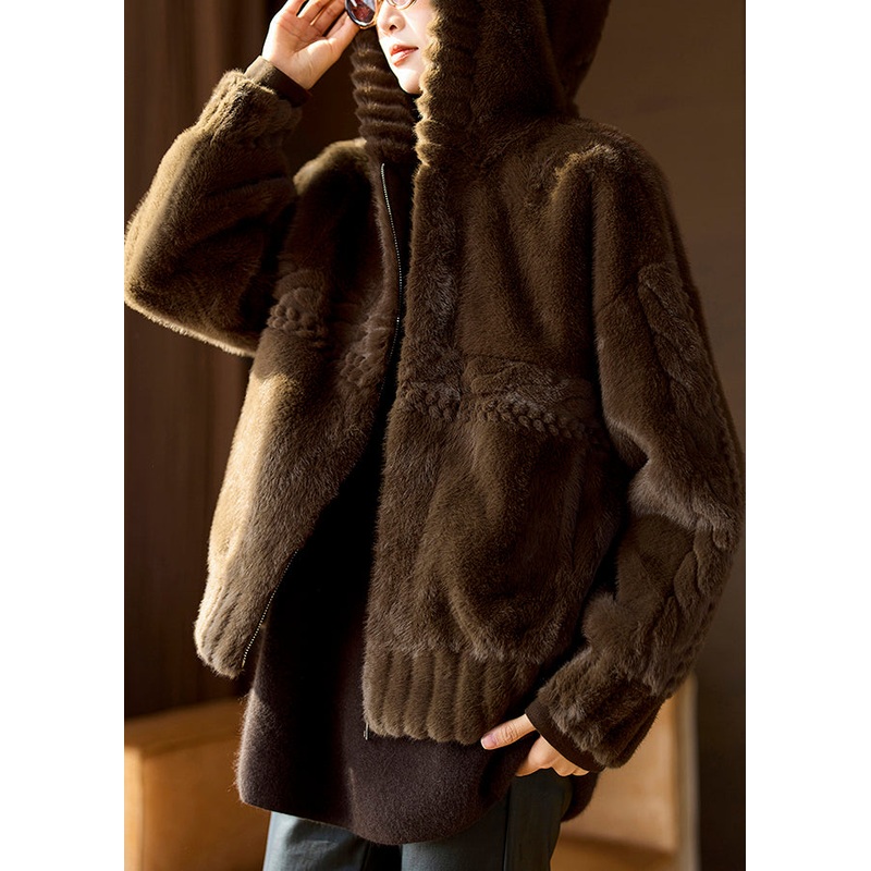 Loose Coffee Hooded Zippered Leather And Fur Coats Winter