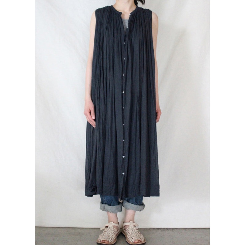 Loose Dark Blue O-Neck Wrinkled Button Maxi Shirt Dresses Sleeveless