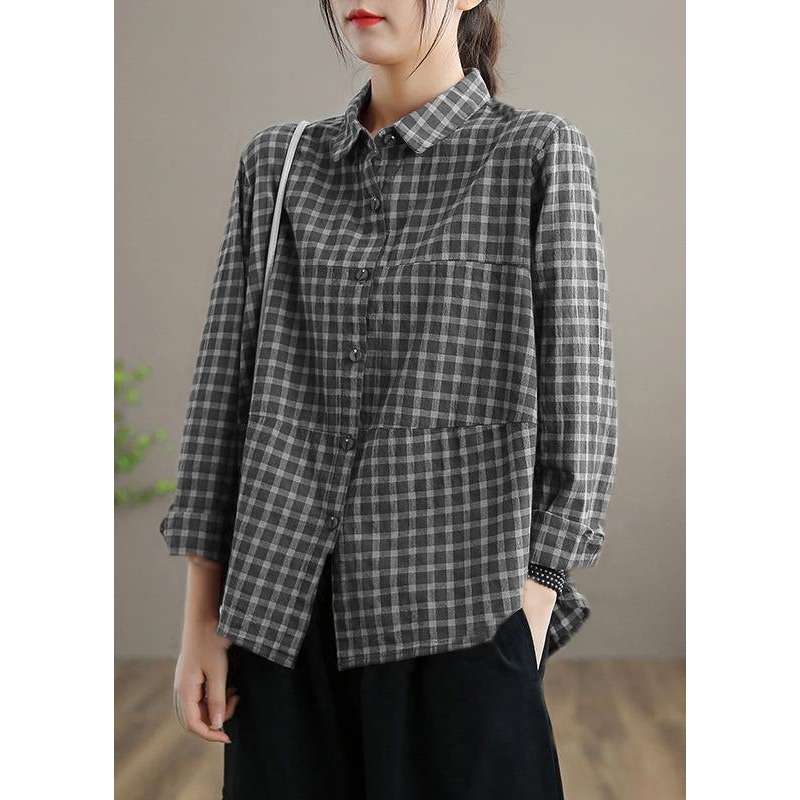 Loose Lapel Patchwork Spring Blouse Sleeve Black Plaid Top