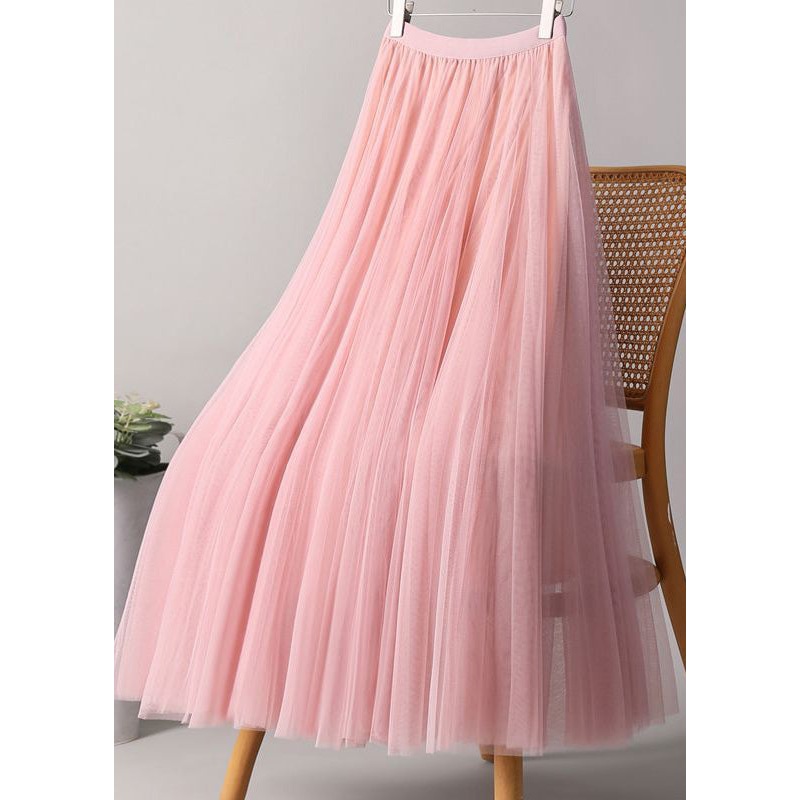 Loose Pink Elastic Waist Tulle A Line Skirts