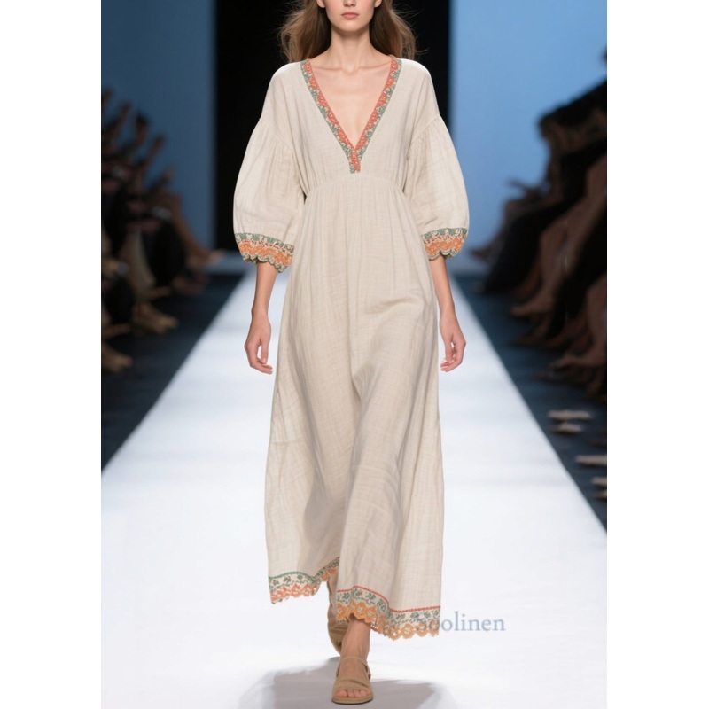 Loose White Puff Sleeve Patchwork Linen Dress Summer