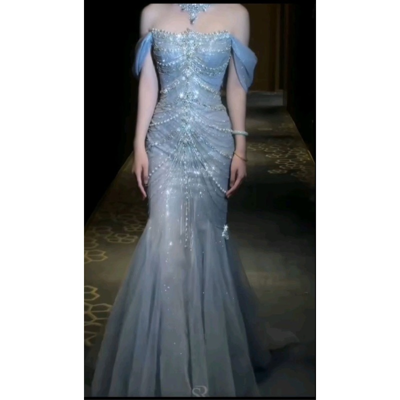 Mermaid Strapless Tulle Beads Long Prom Dress J5965