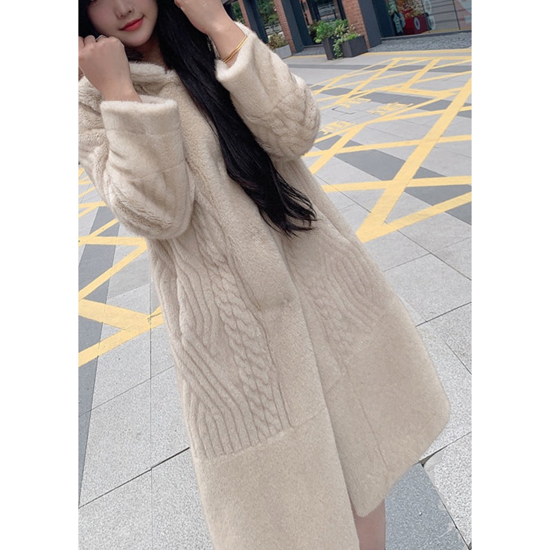 Modern Beige Patchwork Button Leather And Fur Maxi Hoodie Coat Spring