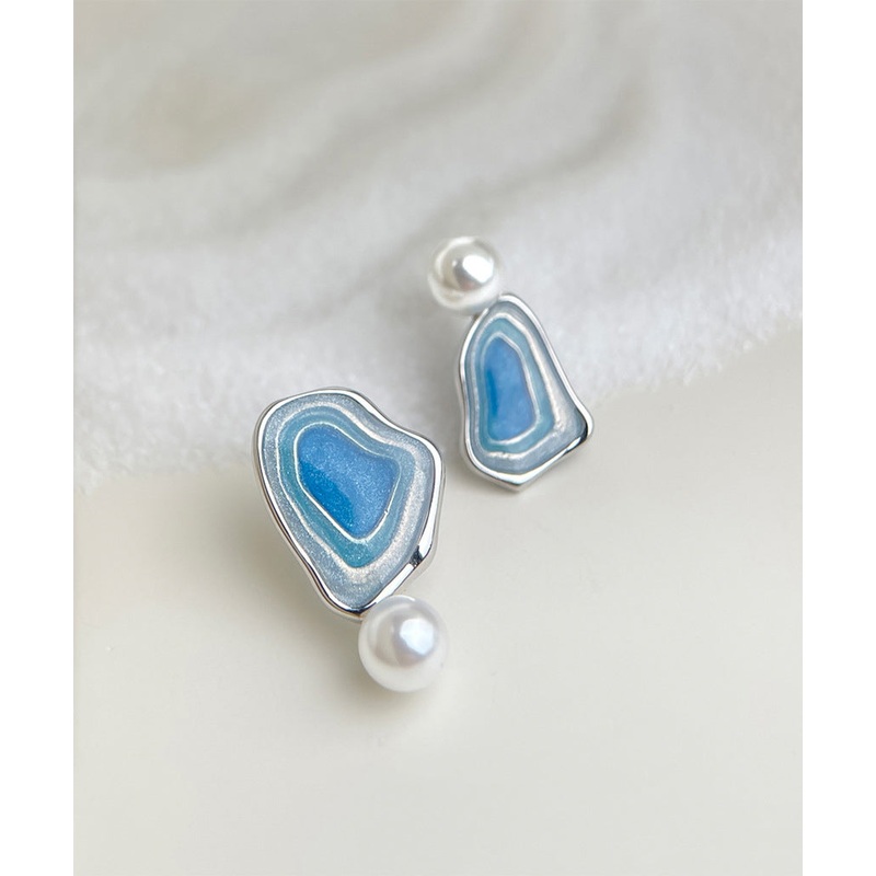 Modern Blue Copper Pearl Drip Glaze Stud Earrings
