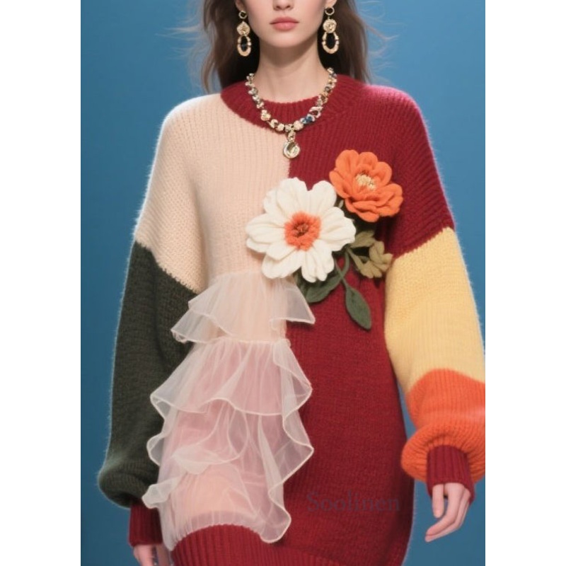 Modern O-Neck Ruffled Floral Knit Long Knit Dress Winter