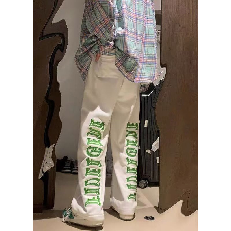 Modern White Letter Elastic Waist Warm Fleece Men Pants Spring