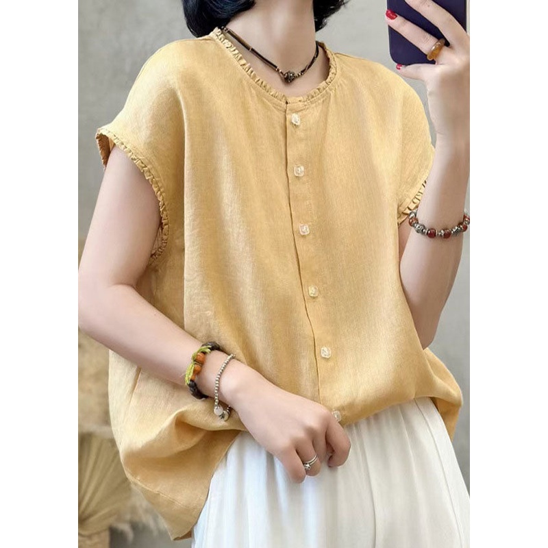 Modern Yellow Ruffled Oversized Linen Tank Tops Summer