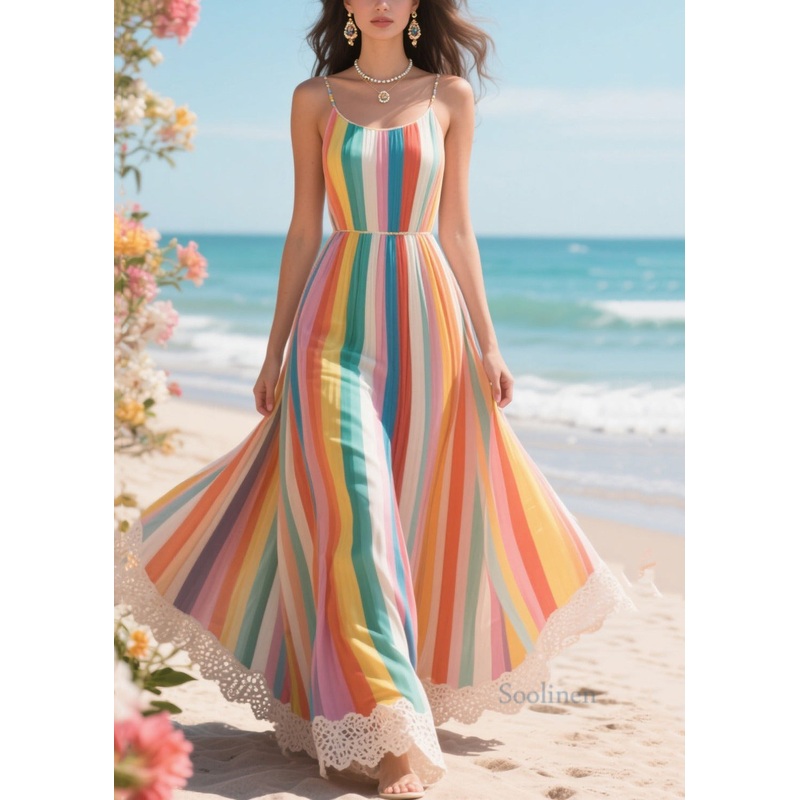 Multicolour Striped Exra Large Hem Chiffon Vacation Dresses Summer
