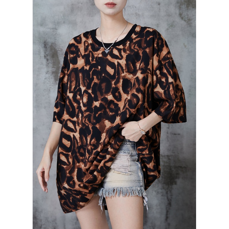 Natural Brown Oversized Leopard Print Cotton Tops Summer
