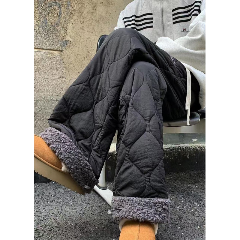 New Black Pockets Patchwork Warm Fleece Mens Pants Winter