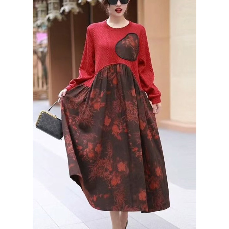 New Red O Neck Print Patchwork Cotton Long Dress Winter