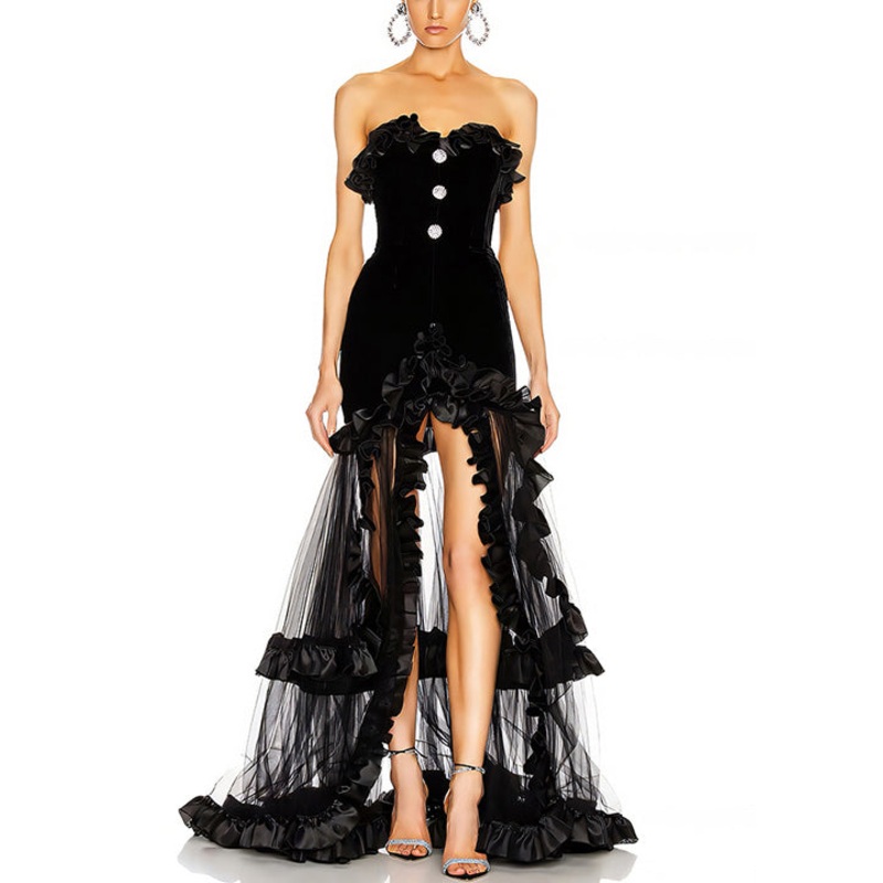 Novelty Black Ruffled Patchwork Tulle Party Dress Sleeveless
