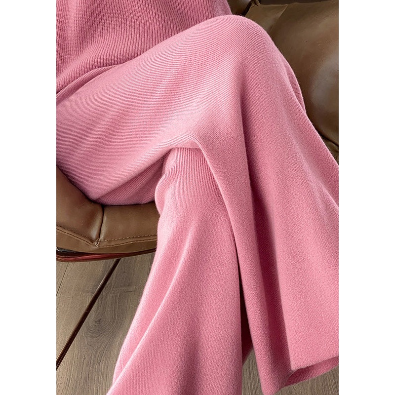 Organic Pink Tie Waist Wool Knit Wide Leg Pants Winter