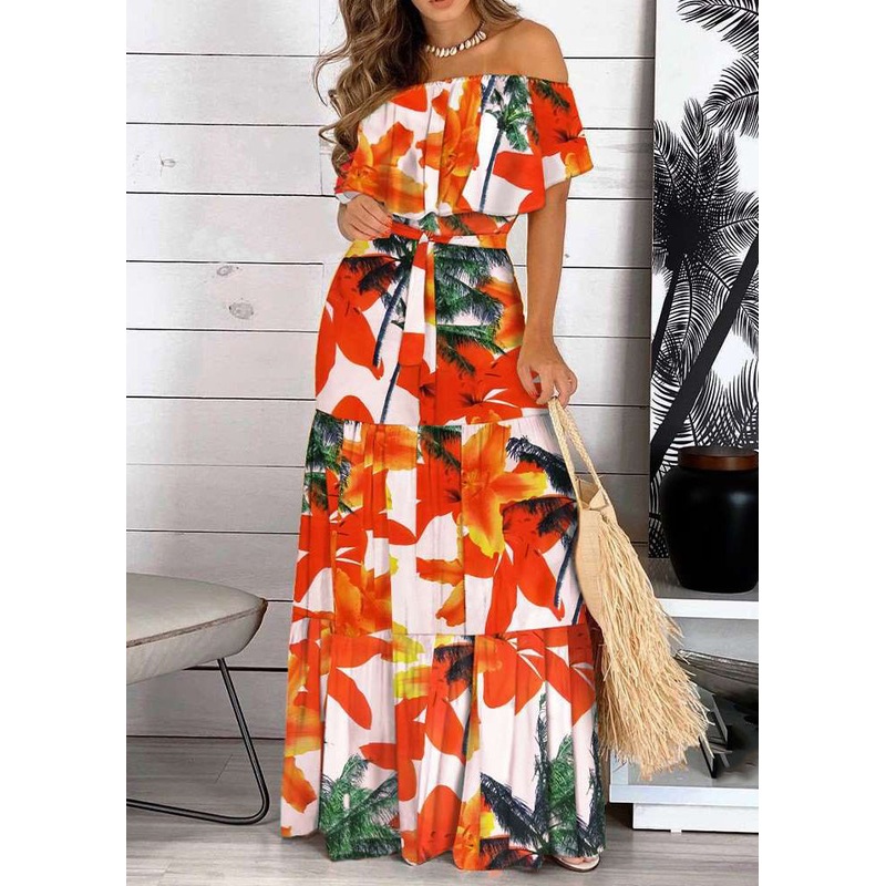 Organic Red Slash Neck Patchwork Tunic Long Dresses Summer