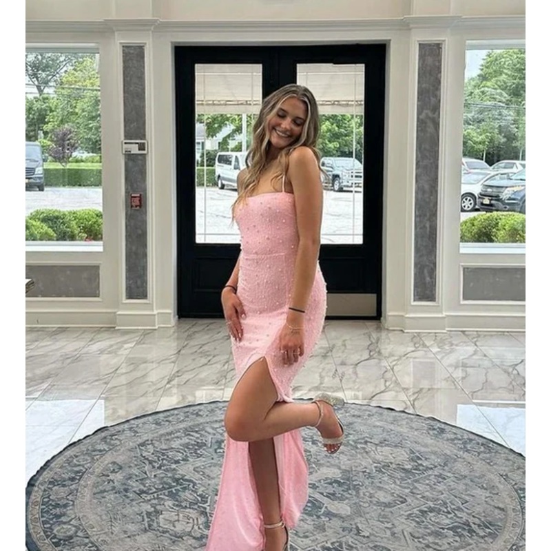 Pink Mermaid Beads Prom Dress Slit Formal Party Dress J5774