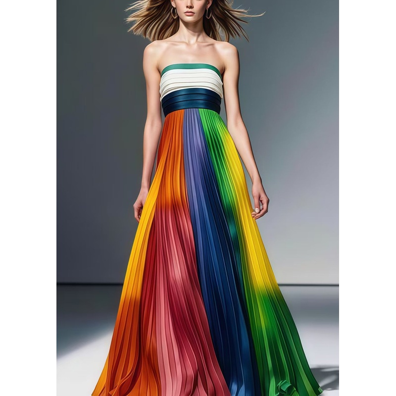 Rainbow Tie Dye Chiffon Party Strapless Dress Cold Shoulder Wrinkled Summer