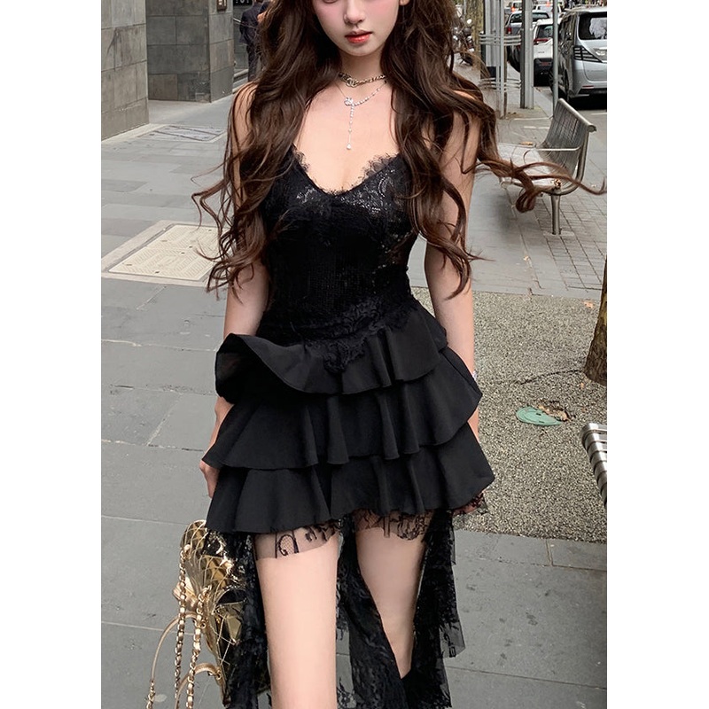 Sexy Black Sequins Lace Low High Design Dress Sleeveless