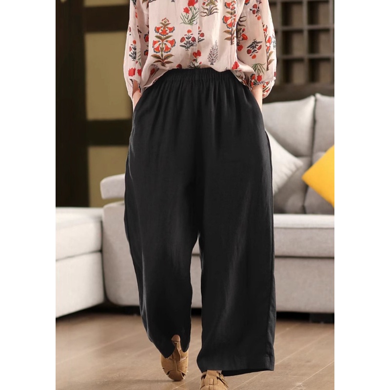 Simple Black Solid Elastic Waist Linen Pants Summer