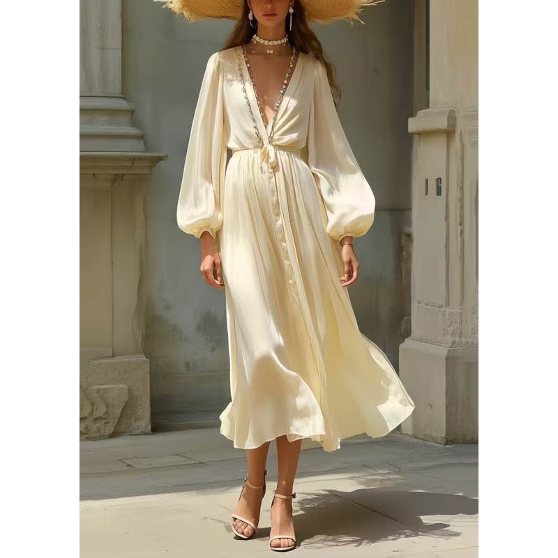 Simple Milk White Draping Silk Tunic Dress Spring