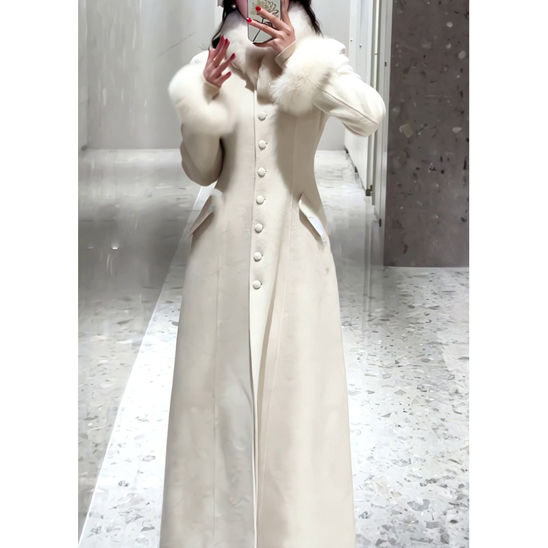 Simple White Button Fur Patchwork Woolen Coat Spring