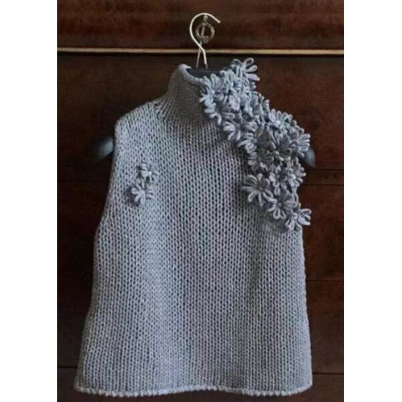 Style Grey Hign Neck Floral Knit Vest Sleeveless