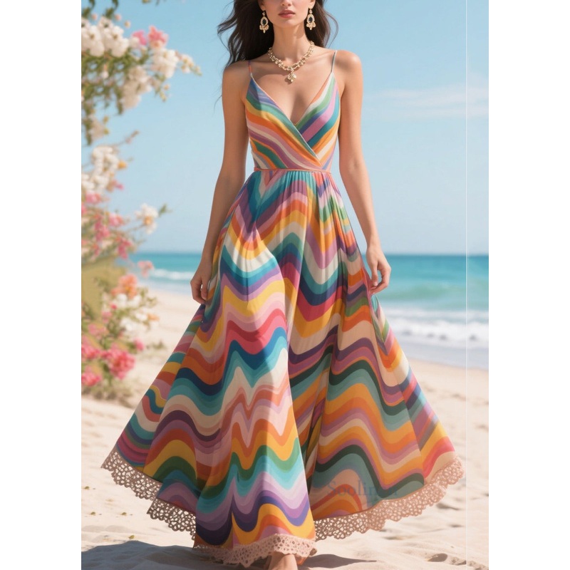 Style Rainbow Patchwork Exra Large Hem Chiffon Holiday Dress Summer