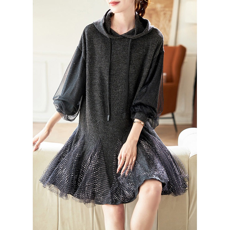 Stylish Dark Grey Hooded Tulle Patchwork Knit Dresses Spring