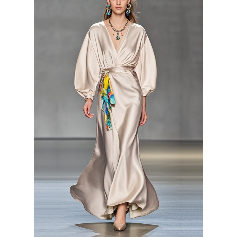 Stylish Light Camel Tie Waist Draping Silk Dress Lantern Sleeve