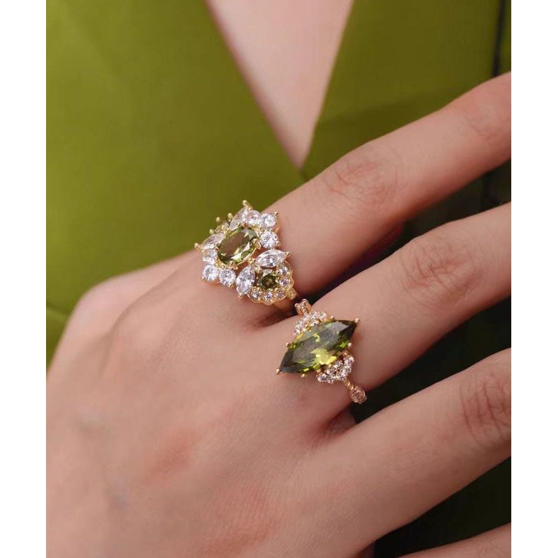 Stylish Olive Green Copper Alloy Zircon Gem Stone Open Rings Two-Piece Set