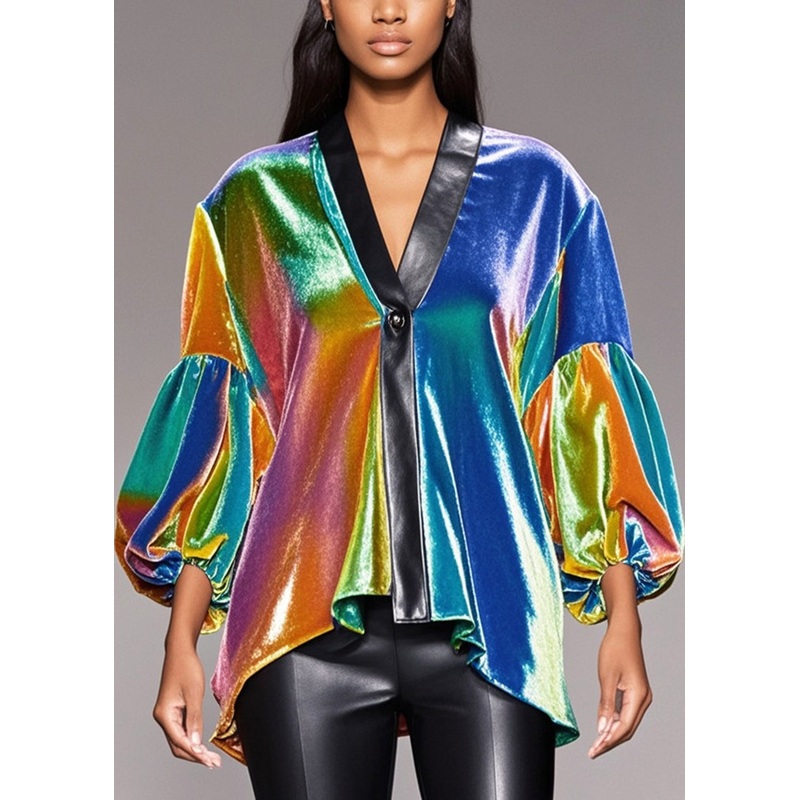 Stylish Rainbow V Neck Patchwork Silk Velour Shirt Top Lantern Sleeve