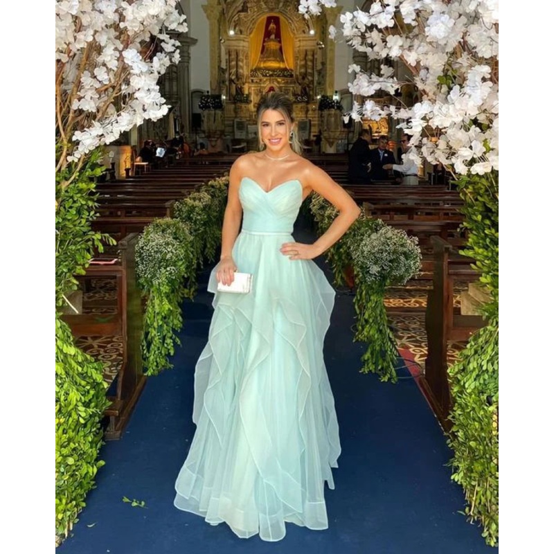 Sweetheart A Line Long Prom Dresses Green Tulle Ruffled Party Dress 2480