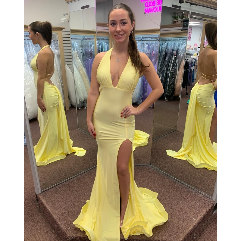 V Neck Yellow Mermaid Prom Dress Slit Evening Party Dress J6280