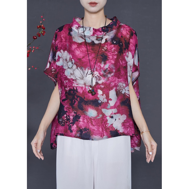 Vintage Purple Stand Collar Print Chiffon Tank Tops Summer